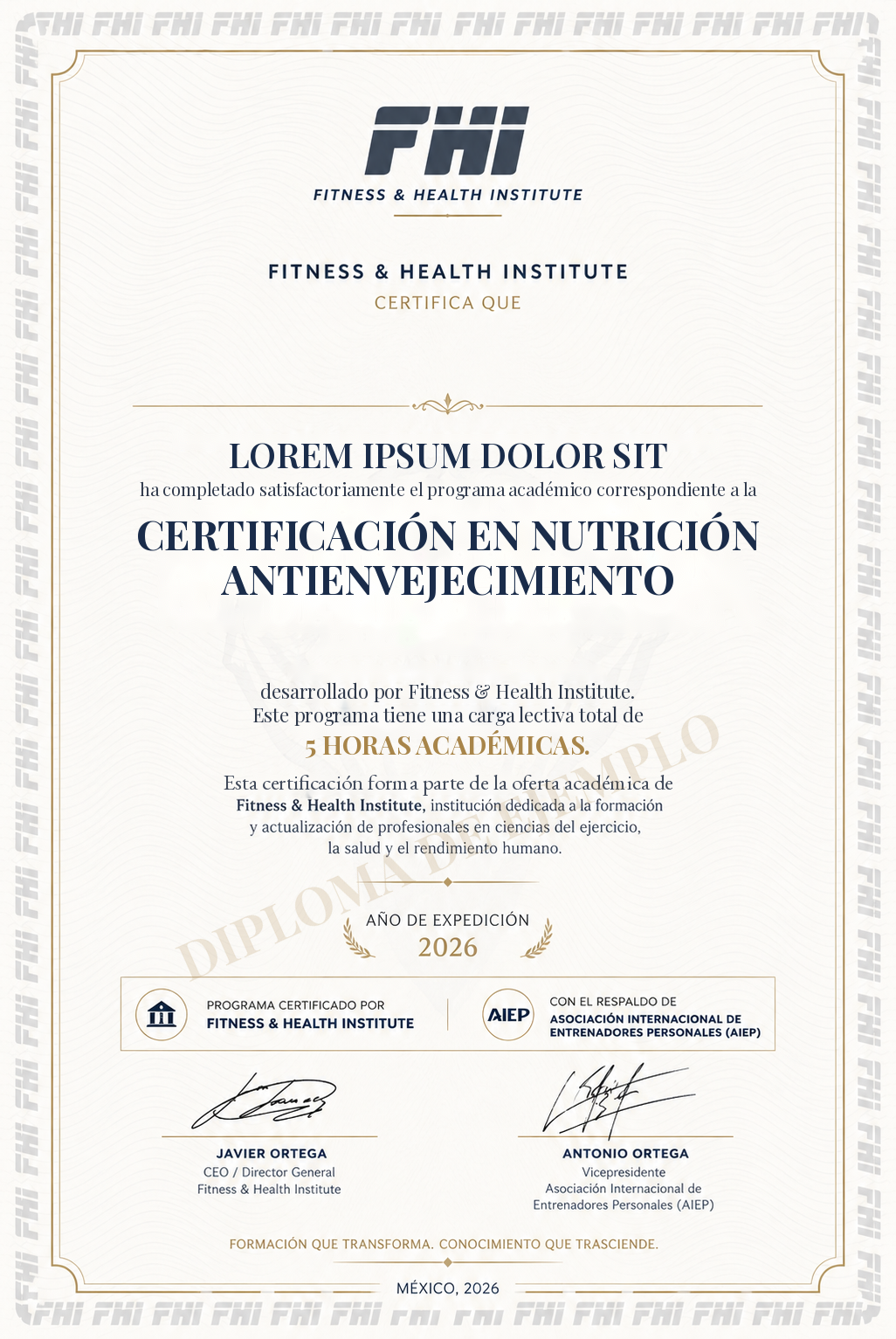 Ejemplo de diploma FHI de la Certificación en Nutrición Antienvejecimiento
